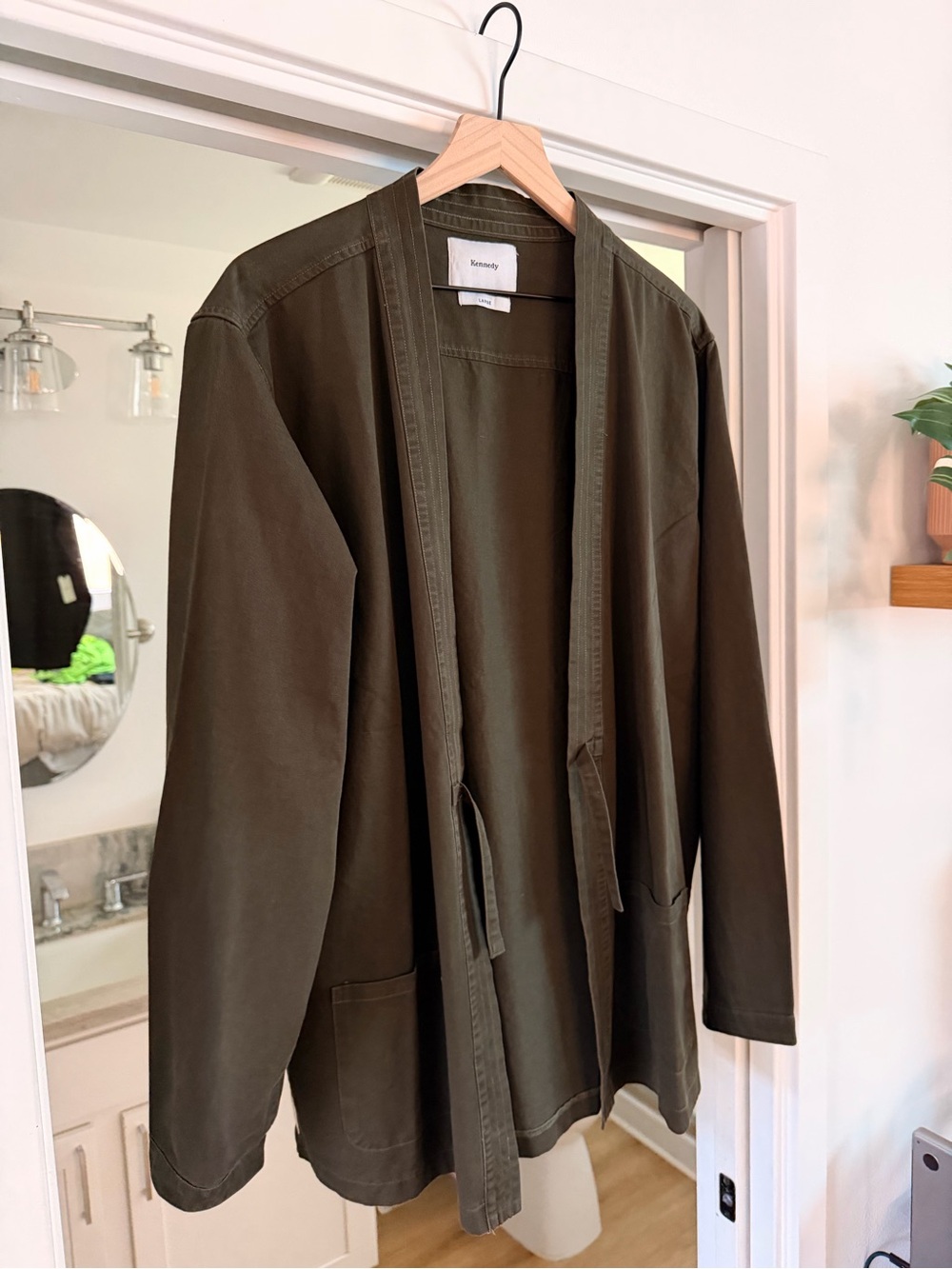 Kennedy Olive Green Kimono Jacket Haori Open Front Belted Large
